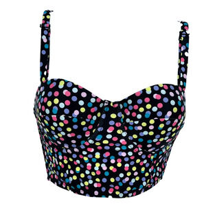 Bikini Top Confetti Print Contoured in Black with Multi Color Polka Dot Size S